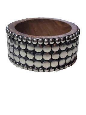 Vintage Wide Wood Bangle Bracelet Silver Tone Studded Boho Statement Cuff Size 7